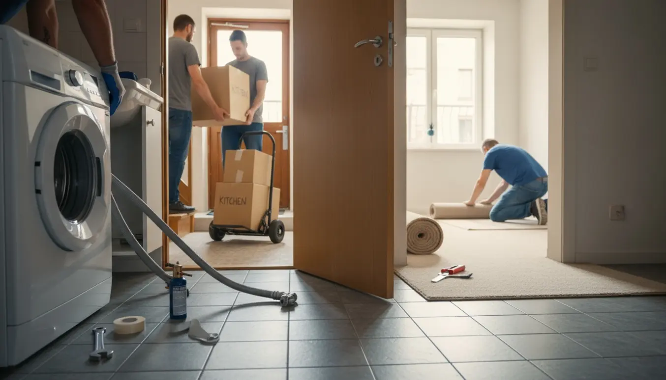 Indgang til lejlighed med vaskemaskine under montering ved åben vask, flyttekasser bæres ned i kælderen og et væg-til-væg-tæppe rulles ud i stuen.