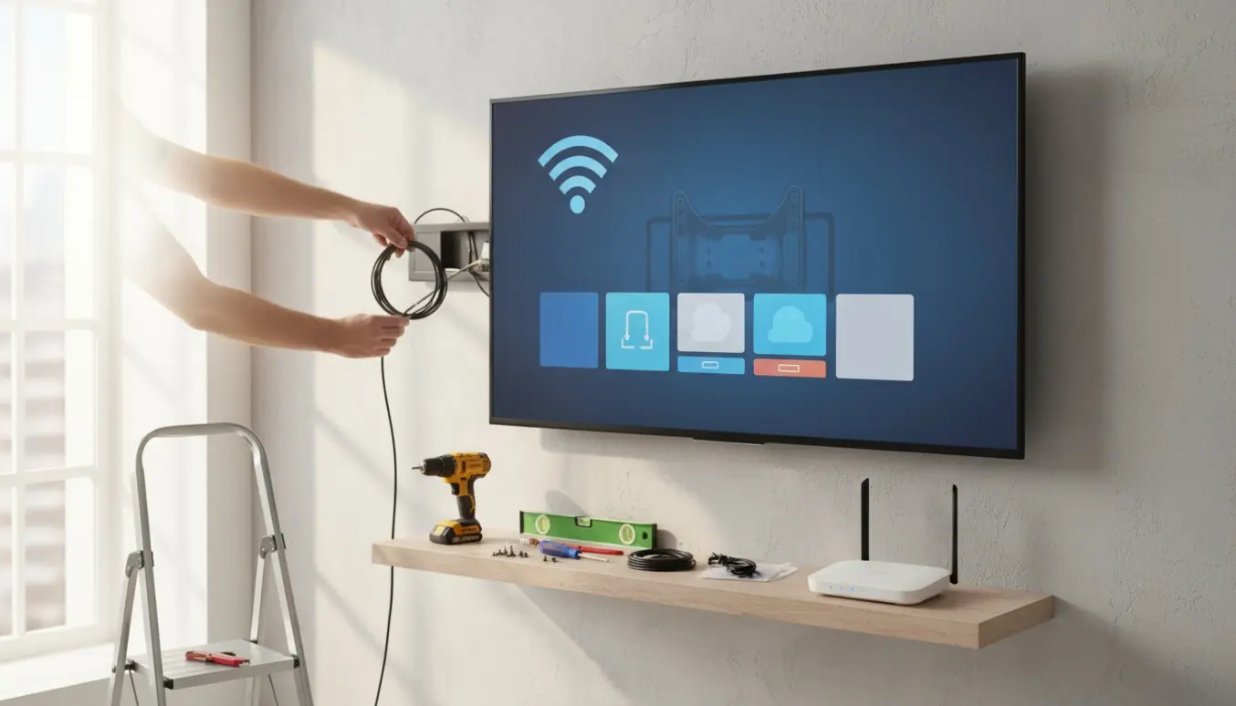 Et 43‑tommer fjernsyn monteret på væggen, hvor hænder justerer kabler og en router med blinkende LED'er står på en hylde.