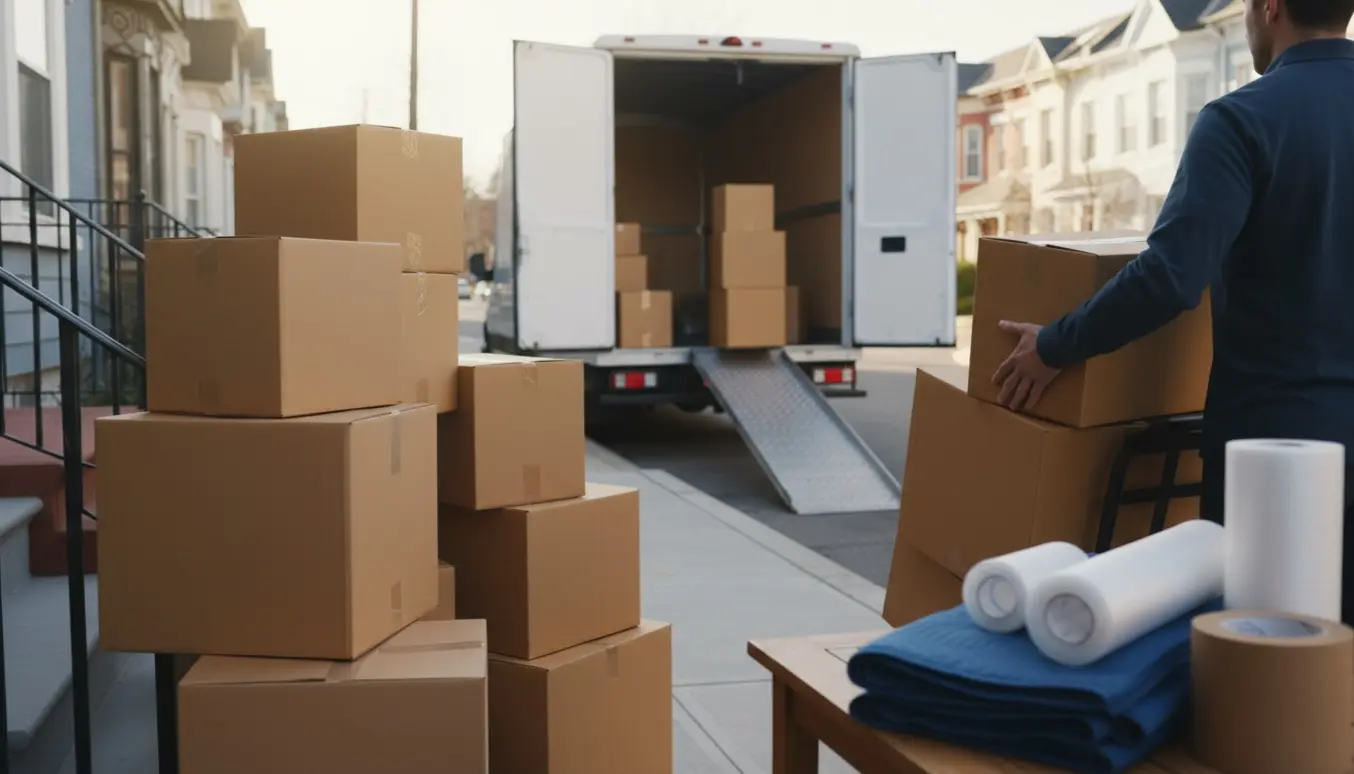 En person læsser ca. 13 flyttekasser fra et rækkehus ind i en hvid varevogn.