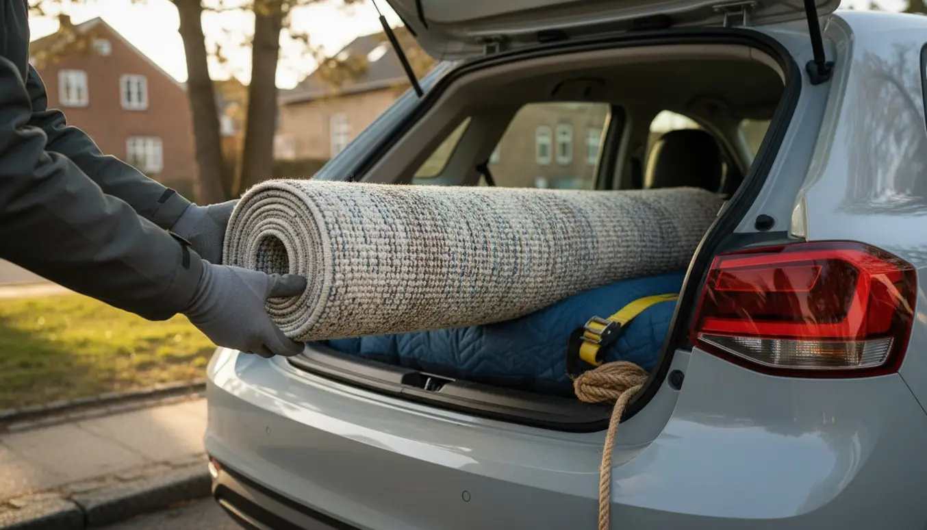 En sammenrullet tæppeløber løftes ind i bagagerummet på en neutral bil i et roligt villakvarter.