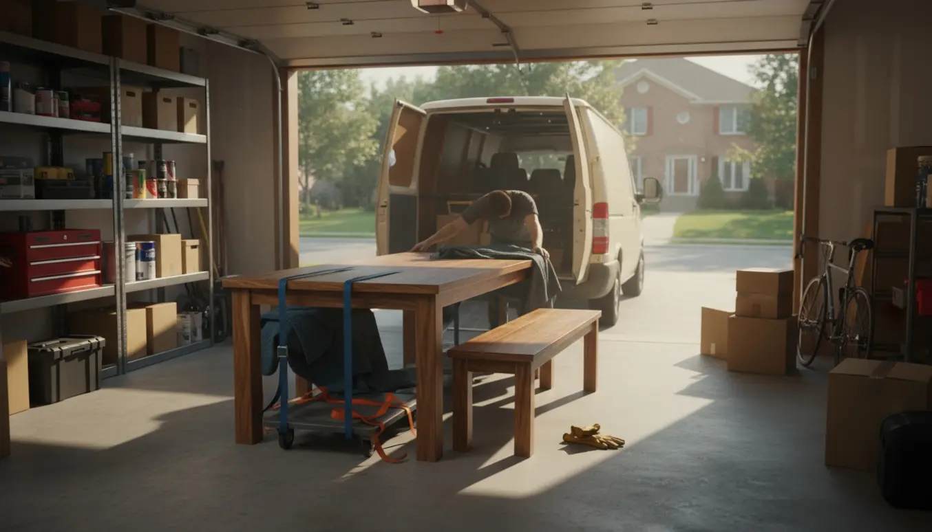 Et tungt træbord og et bænkebordssæt læsses fra en garage ind i en flyttebil.