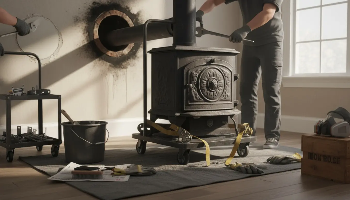Tekniker afmonterer en gammel brændeovn indendørs, med afmonteret røgrør og våd spartelmasse på væggen.