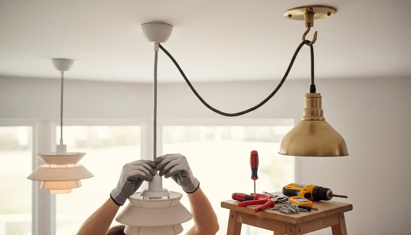 Hænder monterer en stofledning og en solid loftkrog til en tung pendel i et lyst rum.