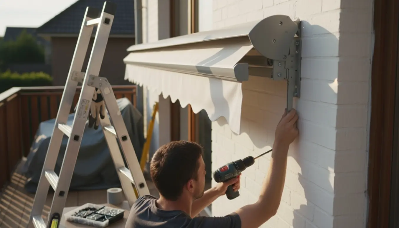 To personer genmonterer en markise på en terrasse med fokus på hænder, beslag og værktøj.