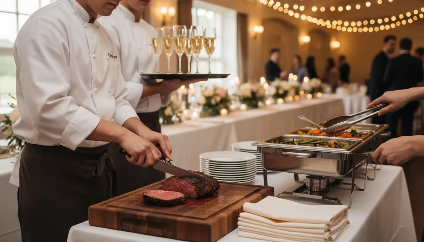 Serveringspersonale ved en elegant bryllupsbuffet, hænder skærer kød og fylder op på fade.