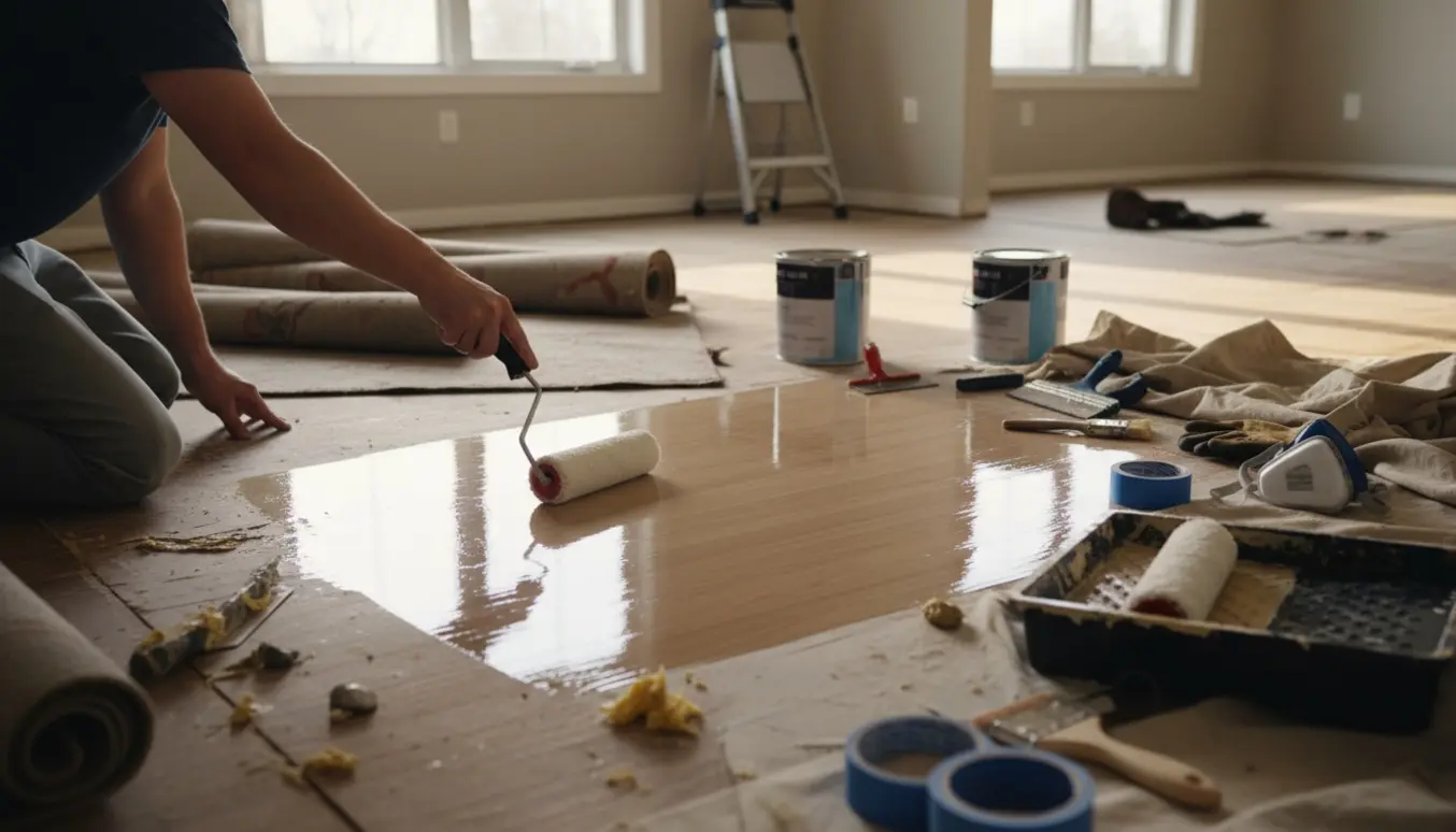 En maler ruller højglansmaling ud på et nyligt frilagt gulv med sammenrullede tæpper og værktøj i lyse rum.