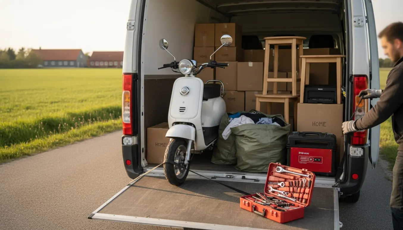 Åben flyttevogn ved vejkanten med en 3-hjulet el-scooter, flyttekasser, sække med tøj, svejser og værktøj.