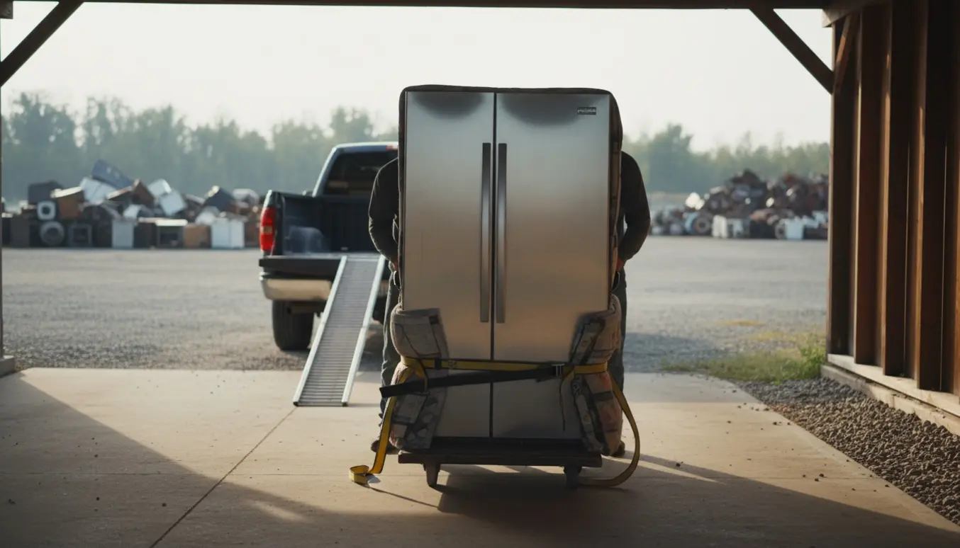 Et amerikansk køleskab på flyttevogn under en carport klar til afhentning og bortkørsel.