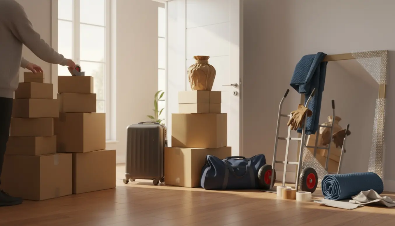 Tolv flyttekasser, to kufferter, en indpakket stor vase og et stort spejl i entré under flytning.