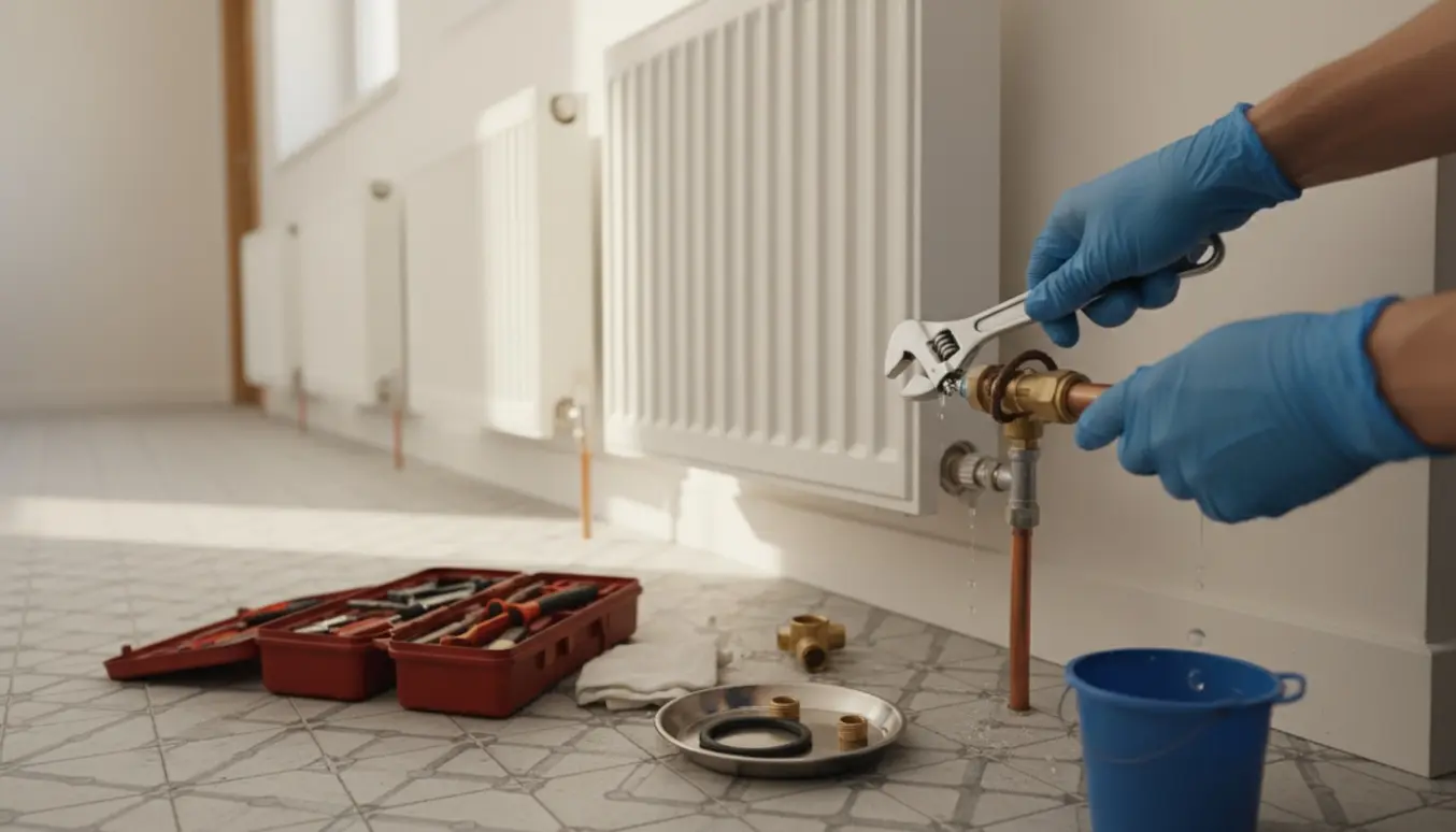 Nærbillede af hænder, der skifter pakning på en væghængt radiator med værktøj og åben værktøjskasse.