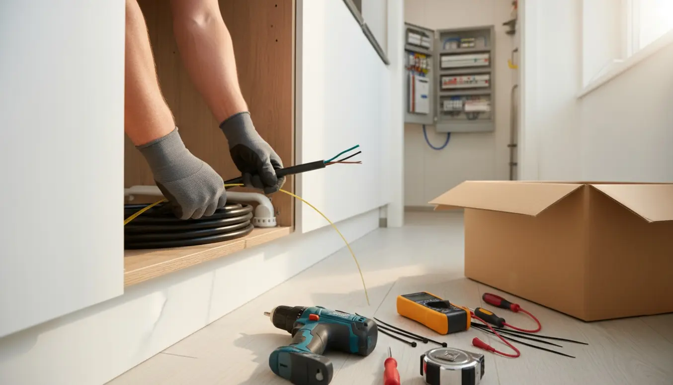En elektriker trækker et 5-leder kabel fra bryggersets eltavle gennem rørkasse bag et køkkenskab.