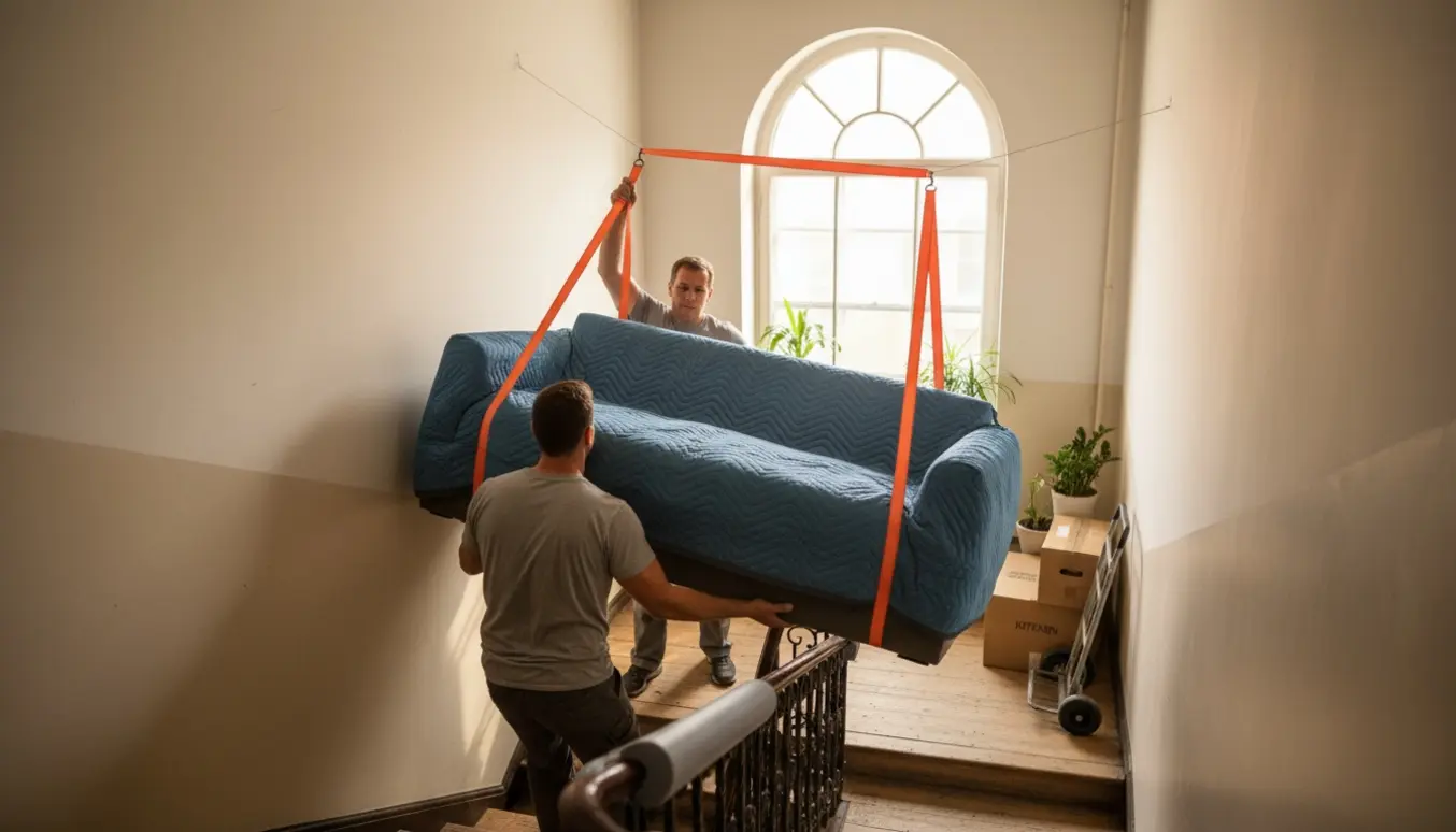 To personer bærer en 2 meter lang sovesofa op ad en trappe i en opgang, dækket af flyttetæpper og løftestropper.