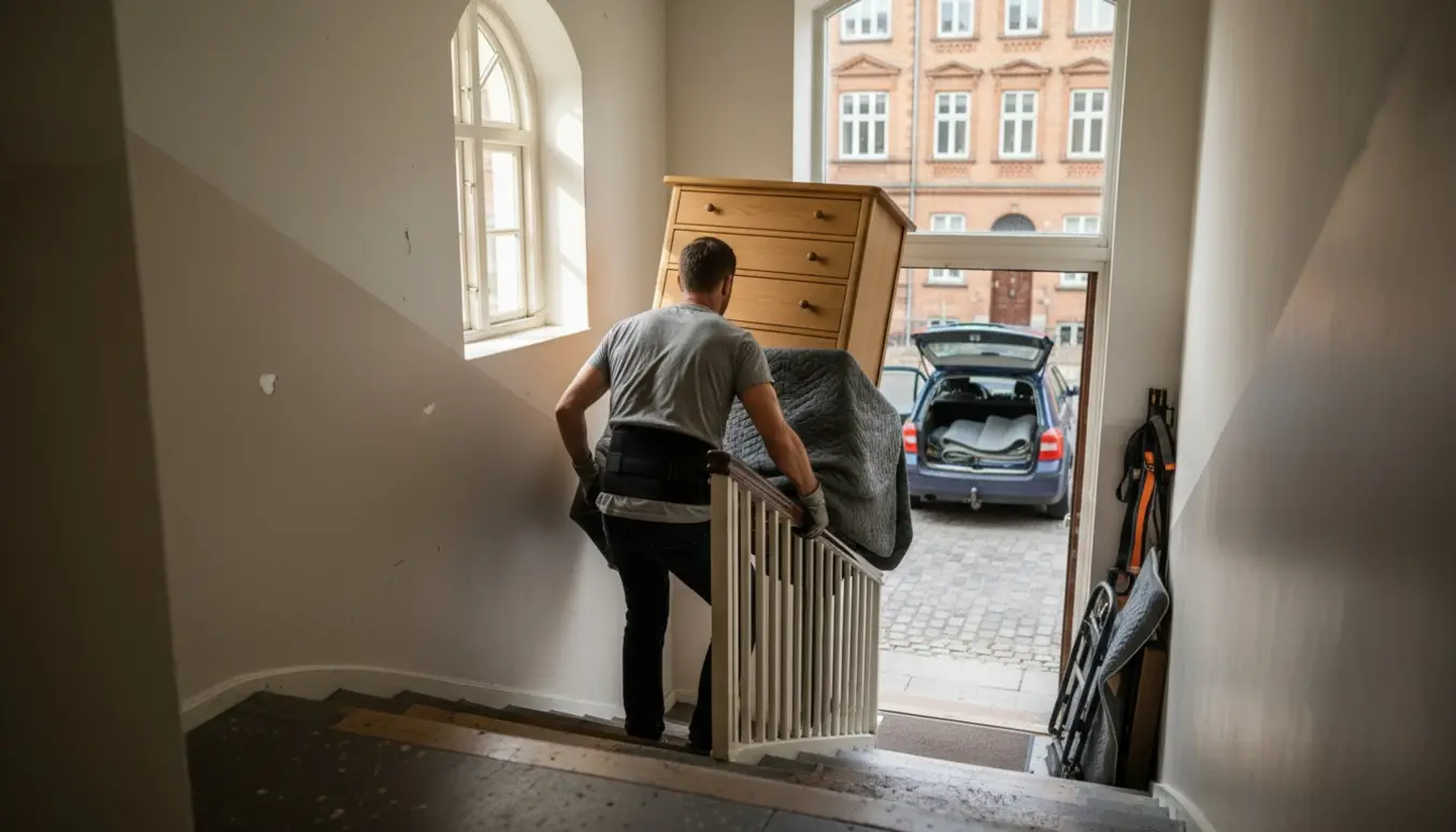 En flyttemand bærer en indpakket kommode op ad en smal trappe med en åben bil parkeret udenfor.