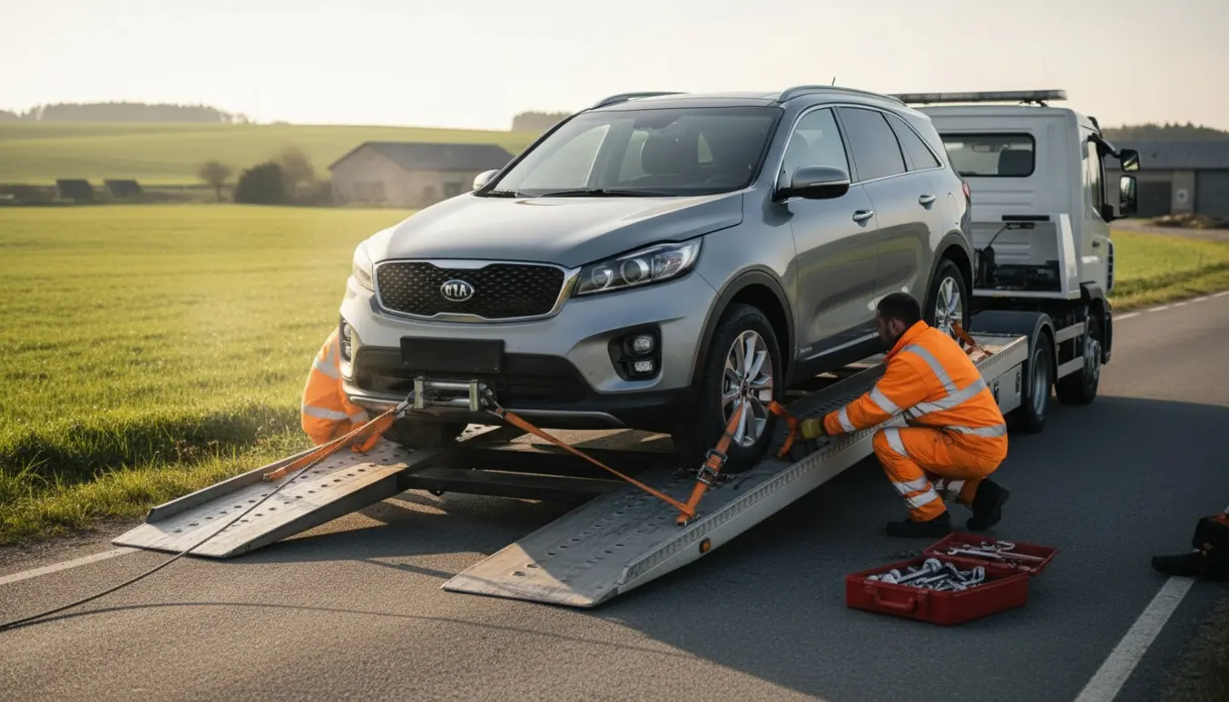 En Kia Sorento læsses op på en flatbed-vogntog ved en landevej, klar til transport til værkstedet.