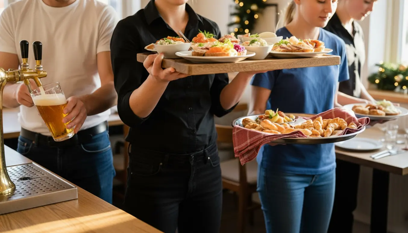 Fem tjenere i sorte eller blå jeans serverer fadøl og tallerkener ved en hyggelig julefrokost, uden synlige ansigter.