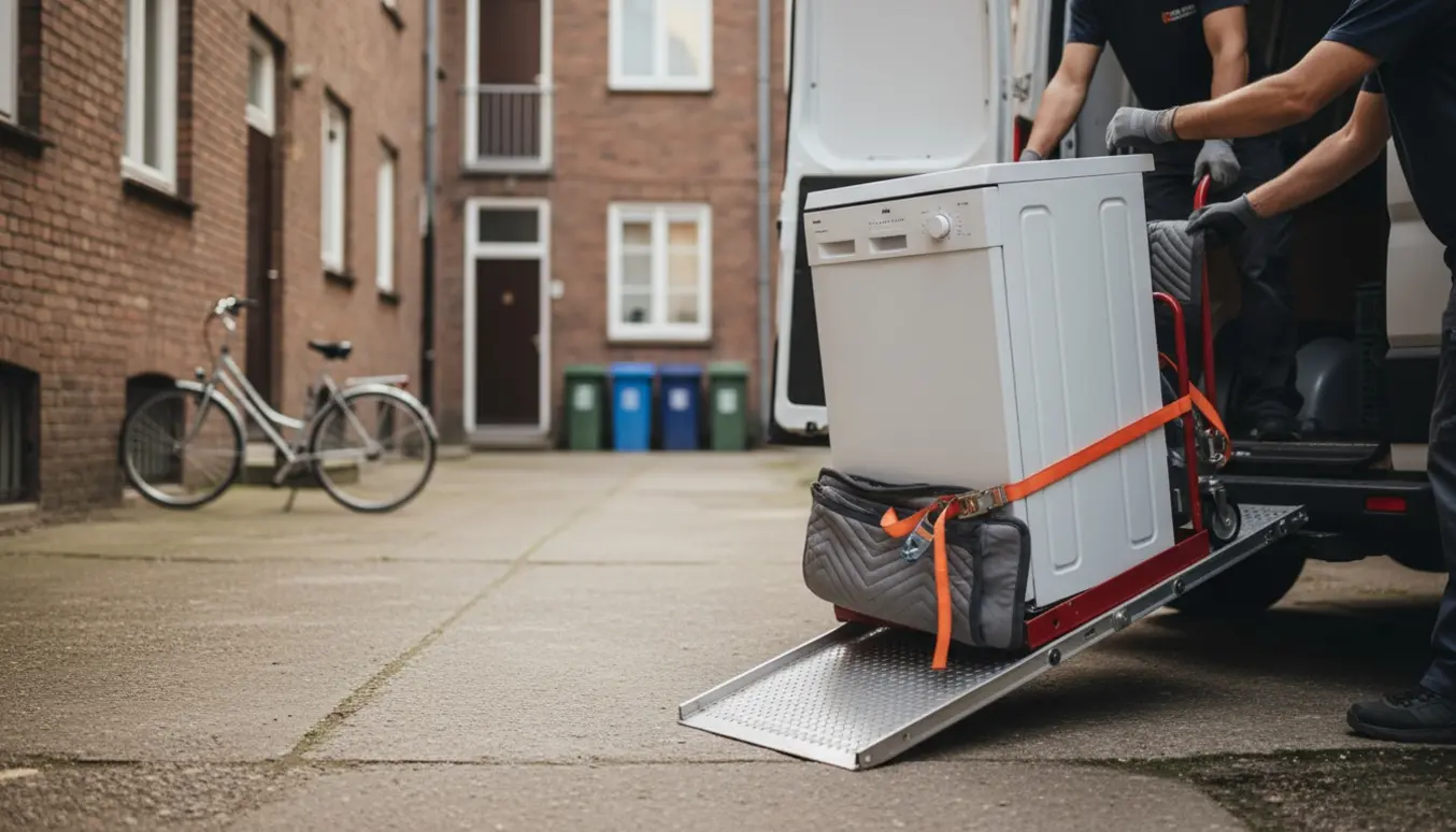 Opvaskemaskine på dolly ved en åben varevogn i en gård klar til afhentning.