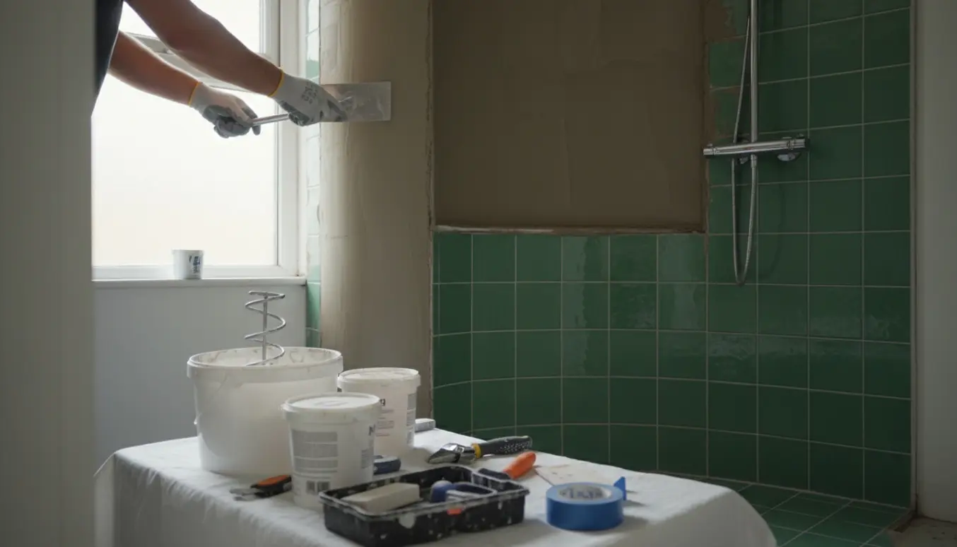 Lille badeværelse under renovering med grønne fliser delvist dækket af varmgrå microcement og værktøj ved montering af bruserarmatur.