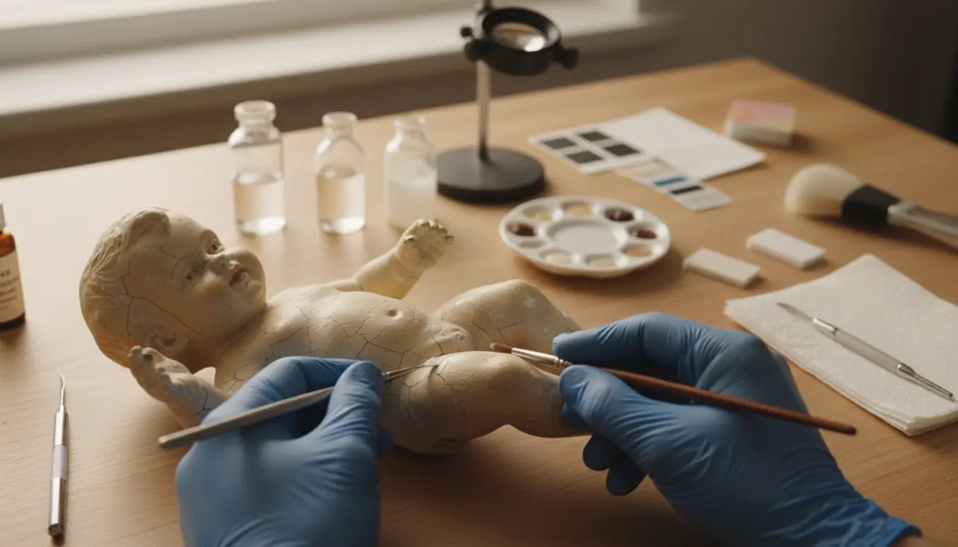 En konservator reparerer en gammel gipsbabyfigur på et arbejdsbord med fine værktøjer.