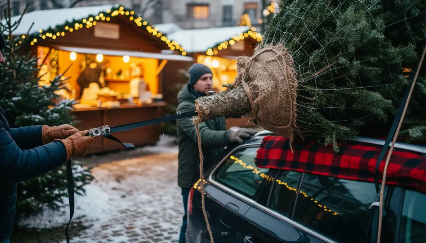 To personer sikrer et 260 cm juletræ på bilens tag ved et hyggeligt julemarked i skumringen.