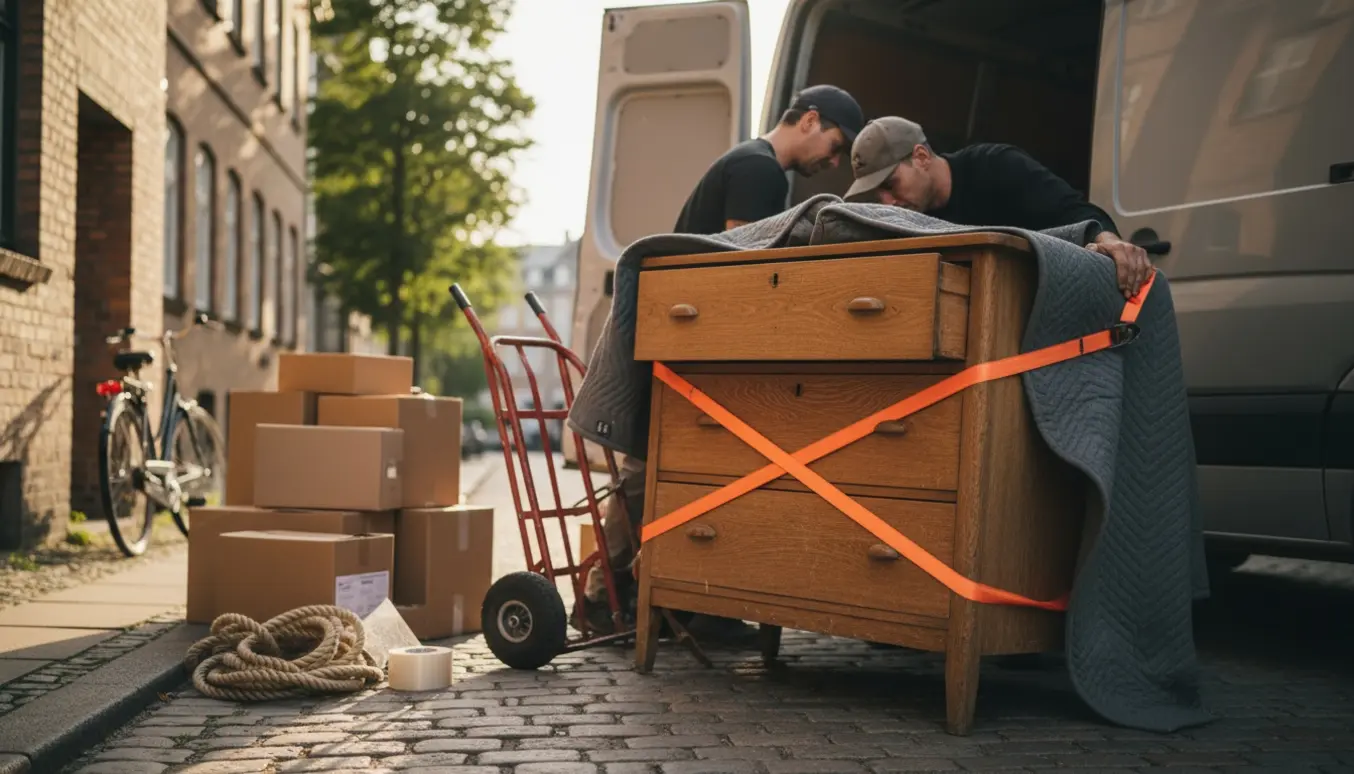 En brugt kommode bliver lastet ind i en varevogn med flyttetæpper og sækkevogn foran en københavnsk gade.