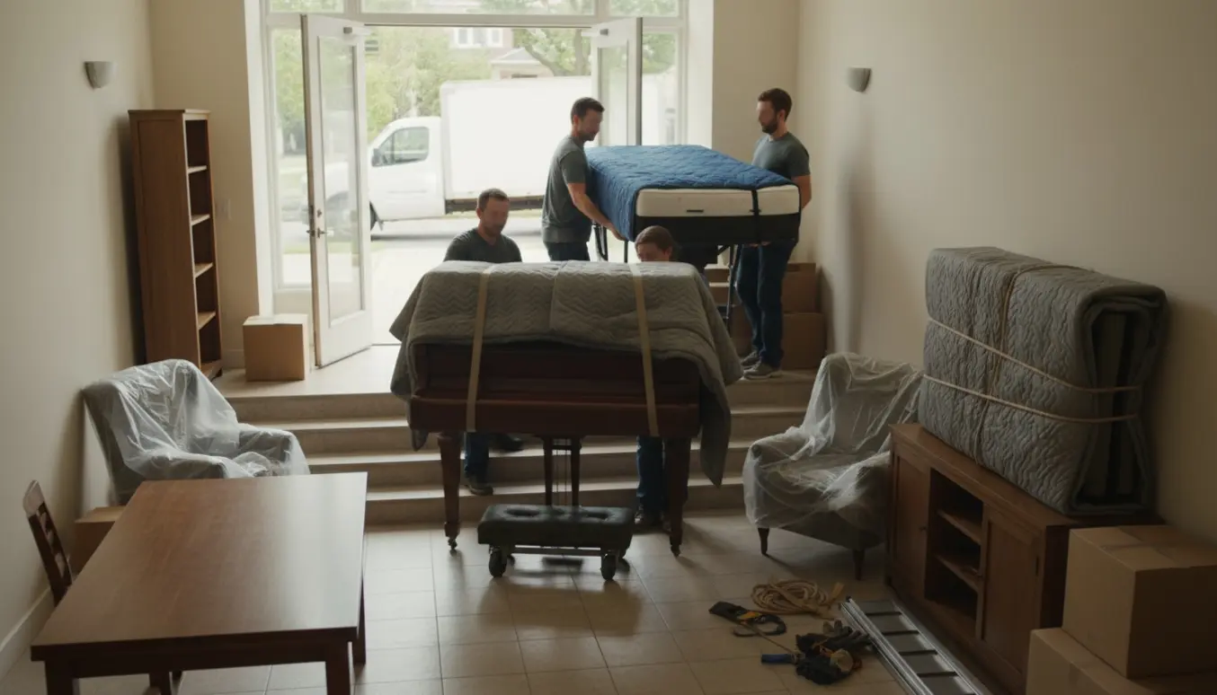 Flyttefolk bærer tungt møblement og et klaver ned ad en lys trappe, beskyttet med tæpper og dolly.