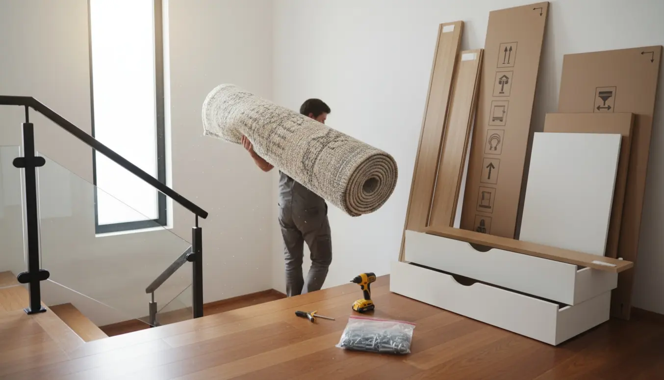 En person bærer et stort tæppe op ad en trappe med usamlede kommoder og emballage på reposen.