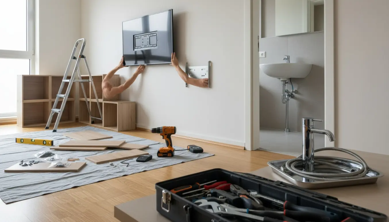 Stue hvor en fladskærm og modulære kubehylder monteres, med en ny vandhane klar ved badeværelset.