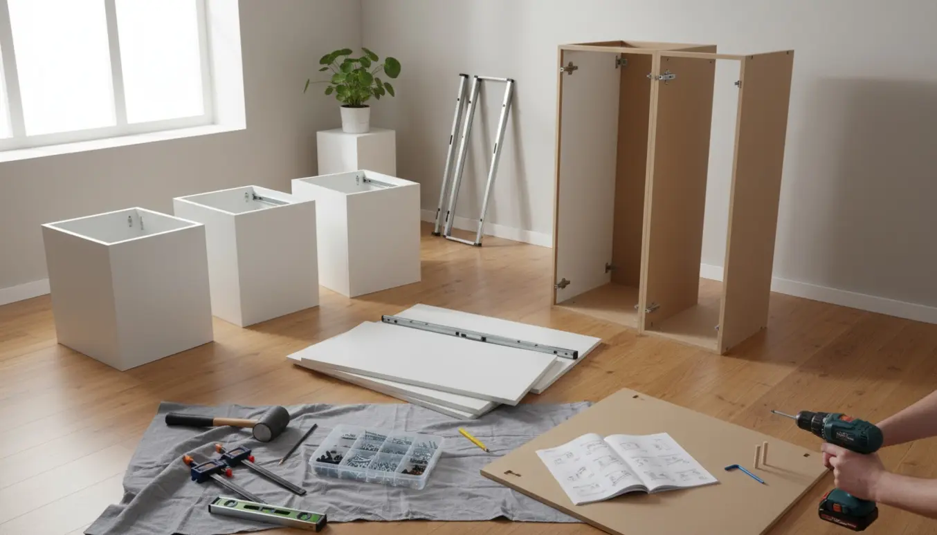 Delvist samlede Kleppstad og tre Metod underskabe med skuffer og værktøj på et solbelyst trægulv.