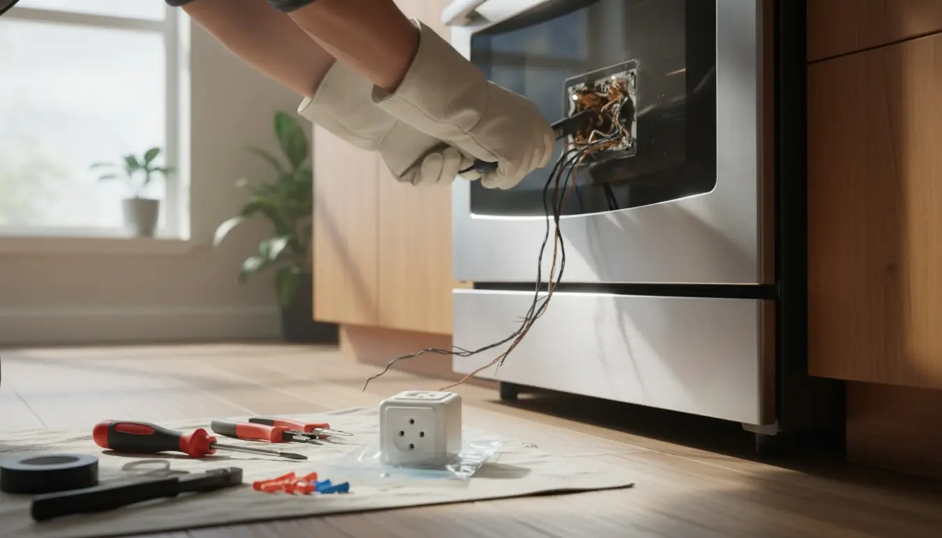 Hænder i isolerede handsker trækker en ovn ud for at reparere en kortsluttet stikkontakt bagved.