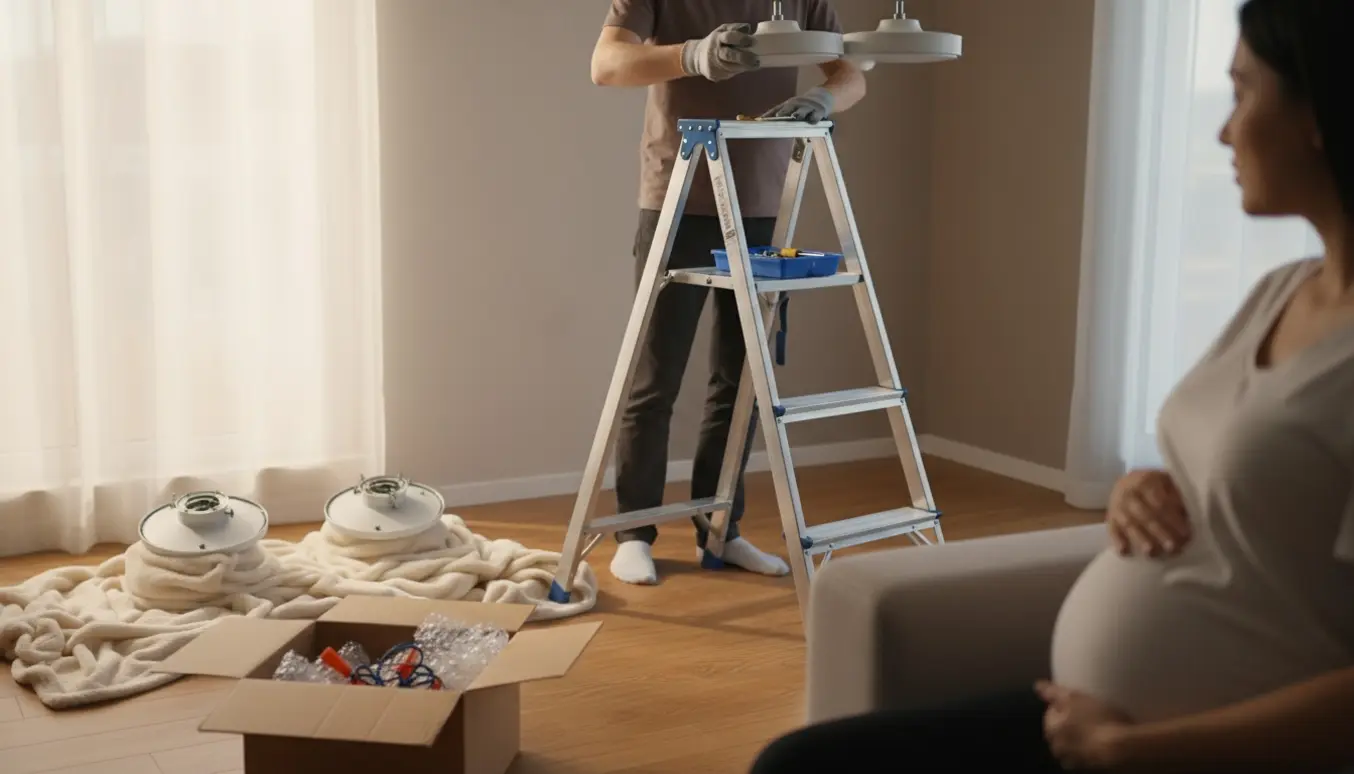 Trappestige under en loftlampe mens hænder tager lampen ned, gravid kvinde sidder i forgrunden.