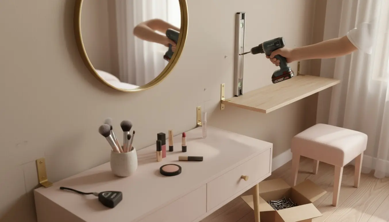 Hænder monterer et rundt spejl og en træhylde over et makeupbord i blødt dagslys.