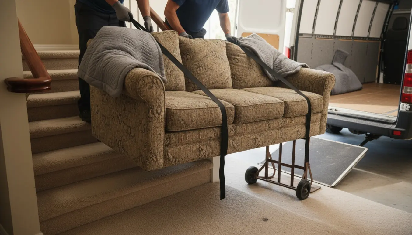 En trepersoners sofa bæres ned ad en opgang mod en åben flyttevogn, mennesker med ryggen til og beskyttelsesudstyr omkring møblet.