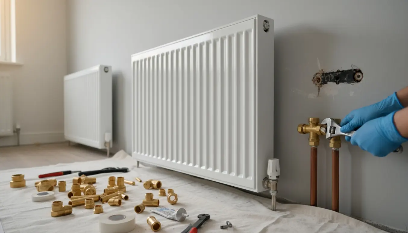 Nærbillede af hænder, der monterer radiatorventil med værktøj og rørfittings klar på gulvet.