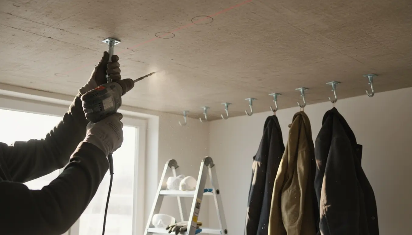 Nærbillede af montering af 6–8 kraftige kroge i et betonloft med borehammer og jakker hængende.