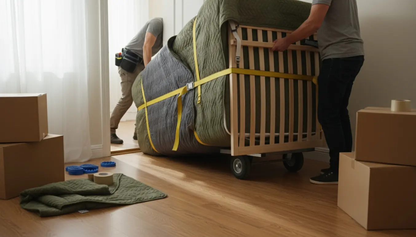 To personer flytter en madras gennem en døråbning med flyttestropper og beskyttelsestæpper.