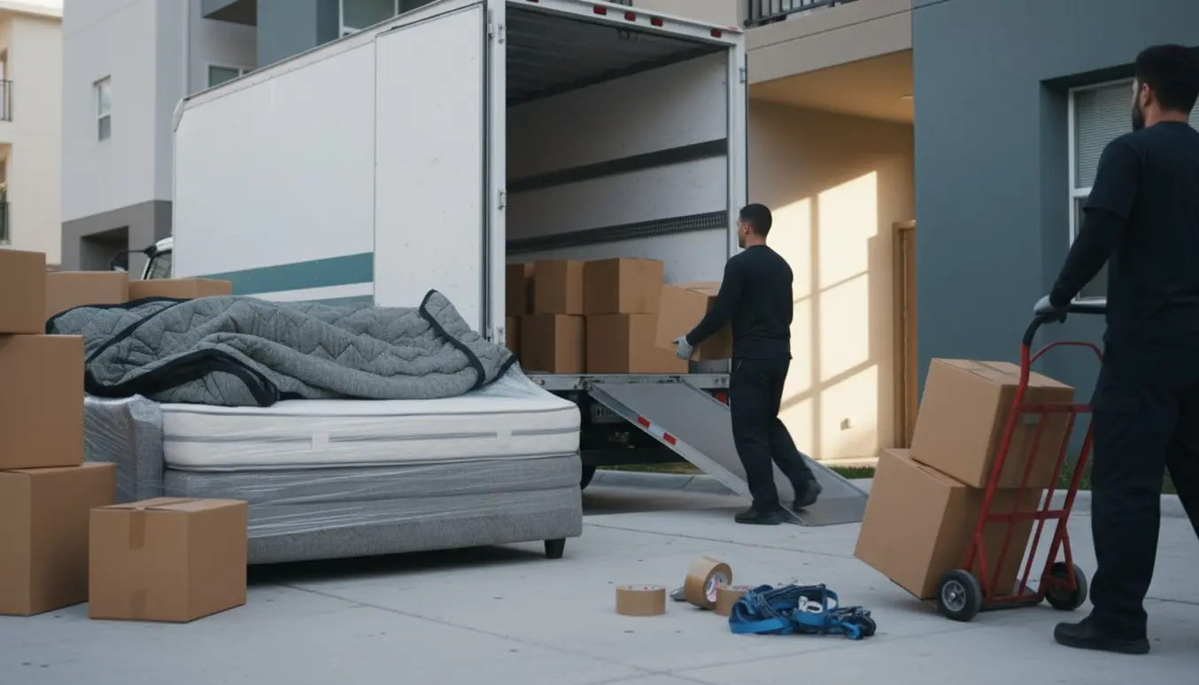 Åben flyttevogn udenfor ved en lejlighed, flyttekasser og møbler bæres ind af personer med ryggen til.