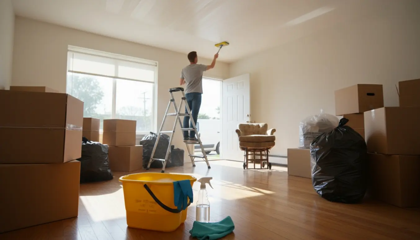 Halvt tømt lejlighed med flyttekasser og en person på stige, der vasker loftet.