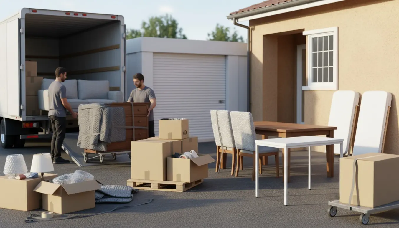 Flyttescene med møbler og stabler af kasser foran en åben flyttebil, uden synlige ansigter.
