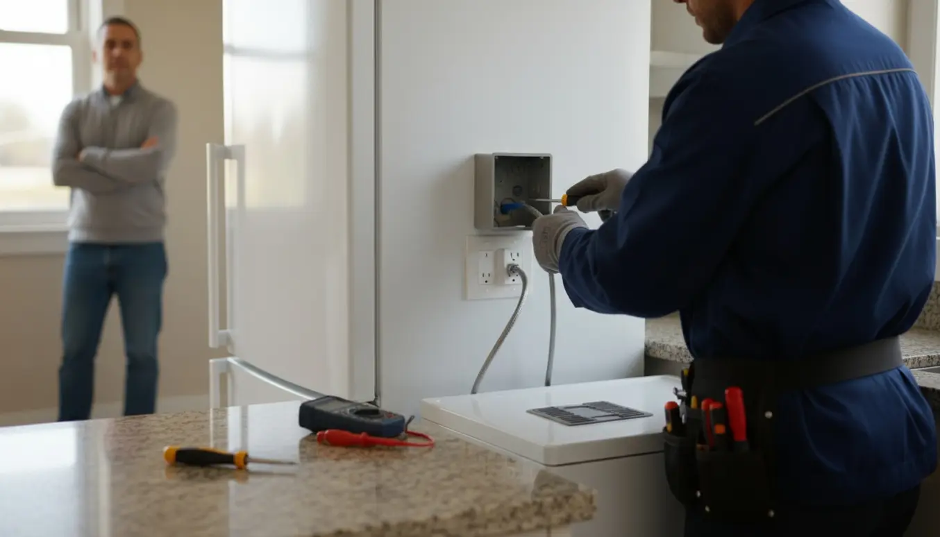 En elektriker tilslutter strøm til to hvidevarer i et moderne køkken med fokus på hænder og kabler.