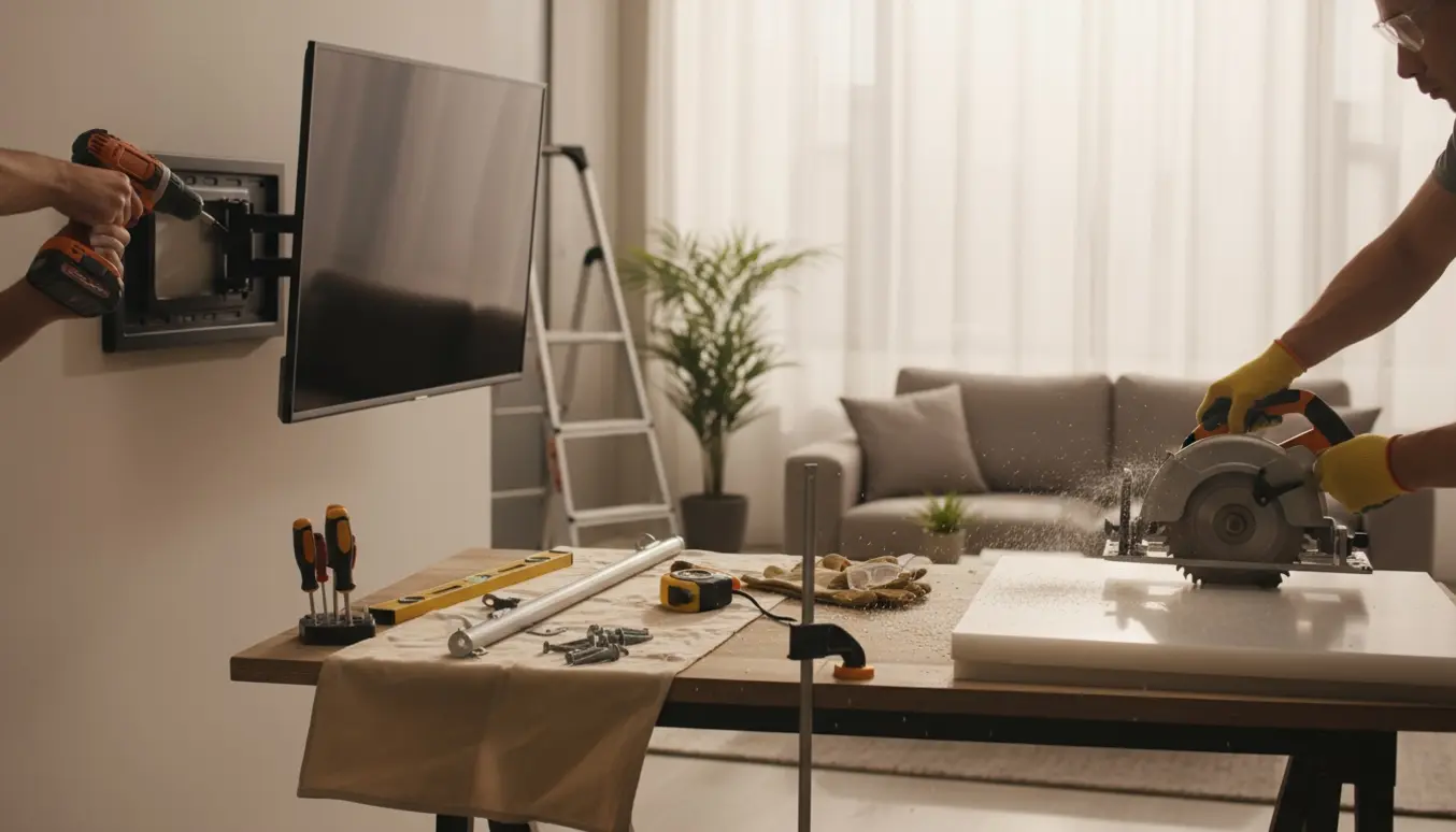 Håndværker monterer TV-arm og trimmer et tykt plastskilt ved et arbejdsbord, mens gardinstang og værktøj ligger klar.