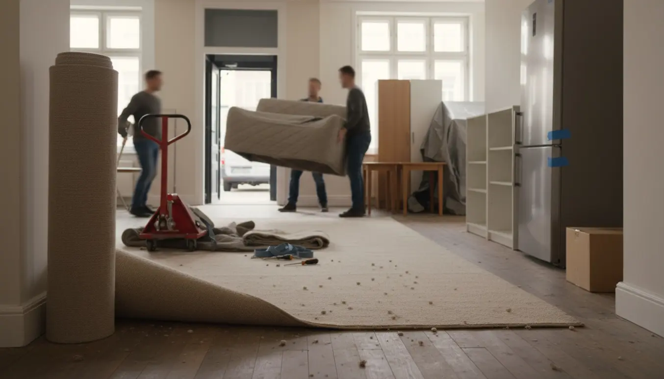 Rullende og delvist fjernede gulvtæpper i en lejlighed med møbler og flyttematerialer klar til bortkørsel.