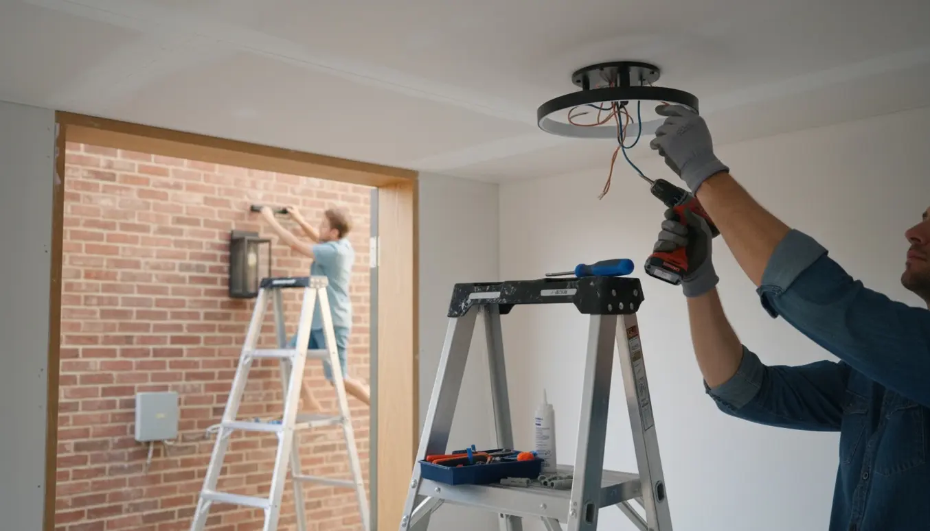 Hænder på en stige monterer en loftlampe i gipsloft, mens en udendørs lampe fastgøres på en murstensvæg.