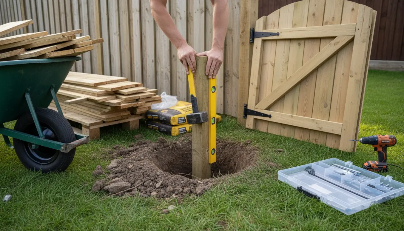 Udskiftning af hegn i en baghave med nye stolper og låge, gamle brædder samlet til bortskaffelse.