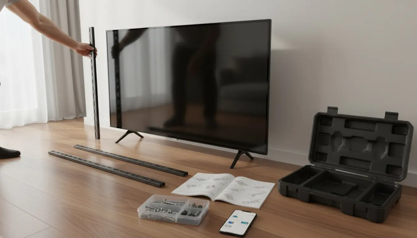 Mellemstort TV lænet op ad væg med monteringsskinner og en åben, tom værktøjskasse på gulvet.