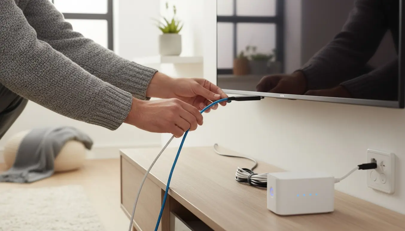 Hænder tilslutter et TV til et eksisterende hjemmenetværk med ethernet- og HDMI-kabler i en moderne stue.