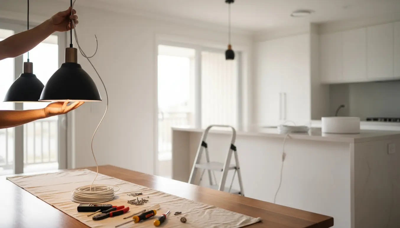 To lamper installeres i et hjem; hænder holder en pendel op mod loftet mens hvide ledninger og værktøj ligger klar.