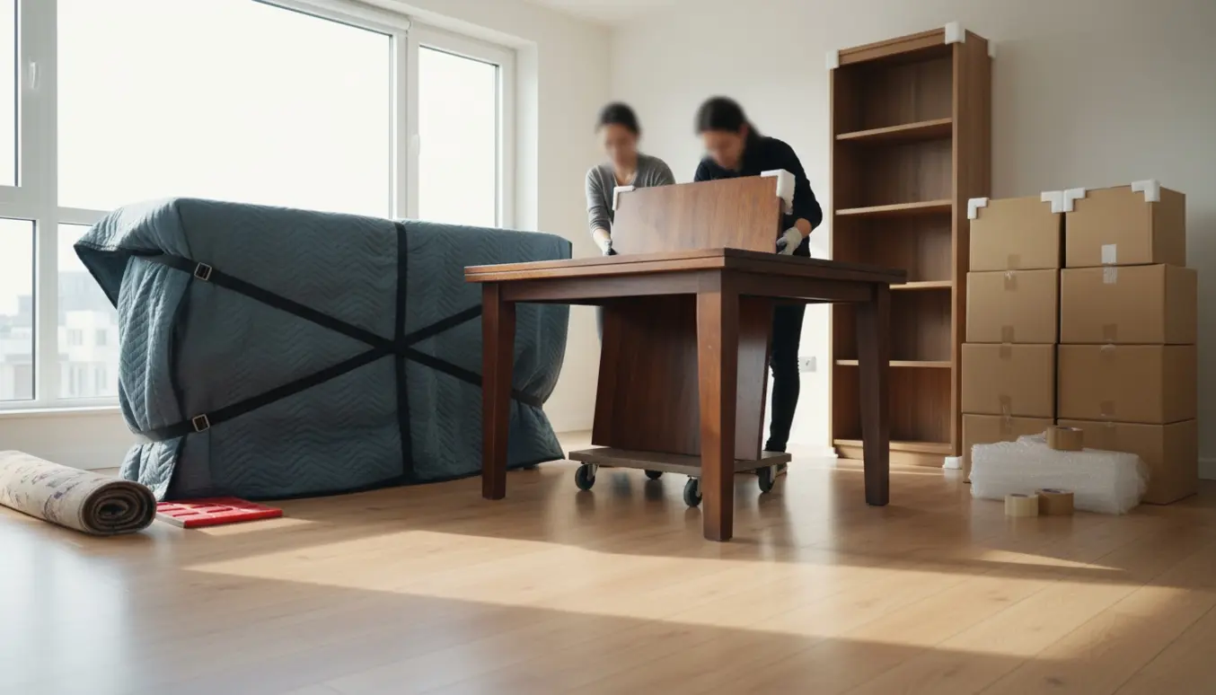 Tungt spisebord, skænk og reol pakket og klar til flytning med stak flyttekasser i et lyst værelse.