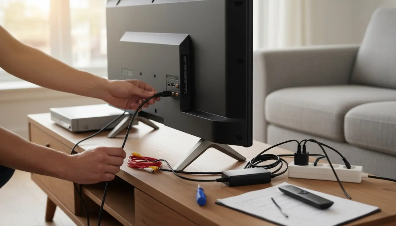 Nyt 53 tommer TV på bord får kabler tilsluttet med en ældre dvd-afspiller og adaptere.