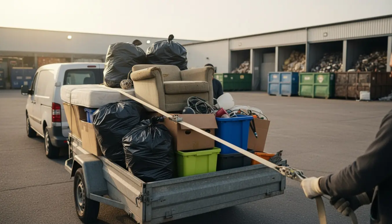 En trailer fyldt med sække, pap og brugte møbler ved en genbrugsplads, mens hænder spænder en lastestrop.