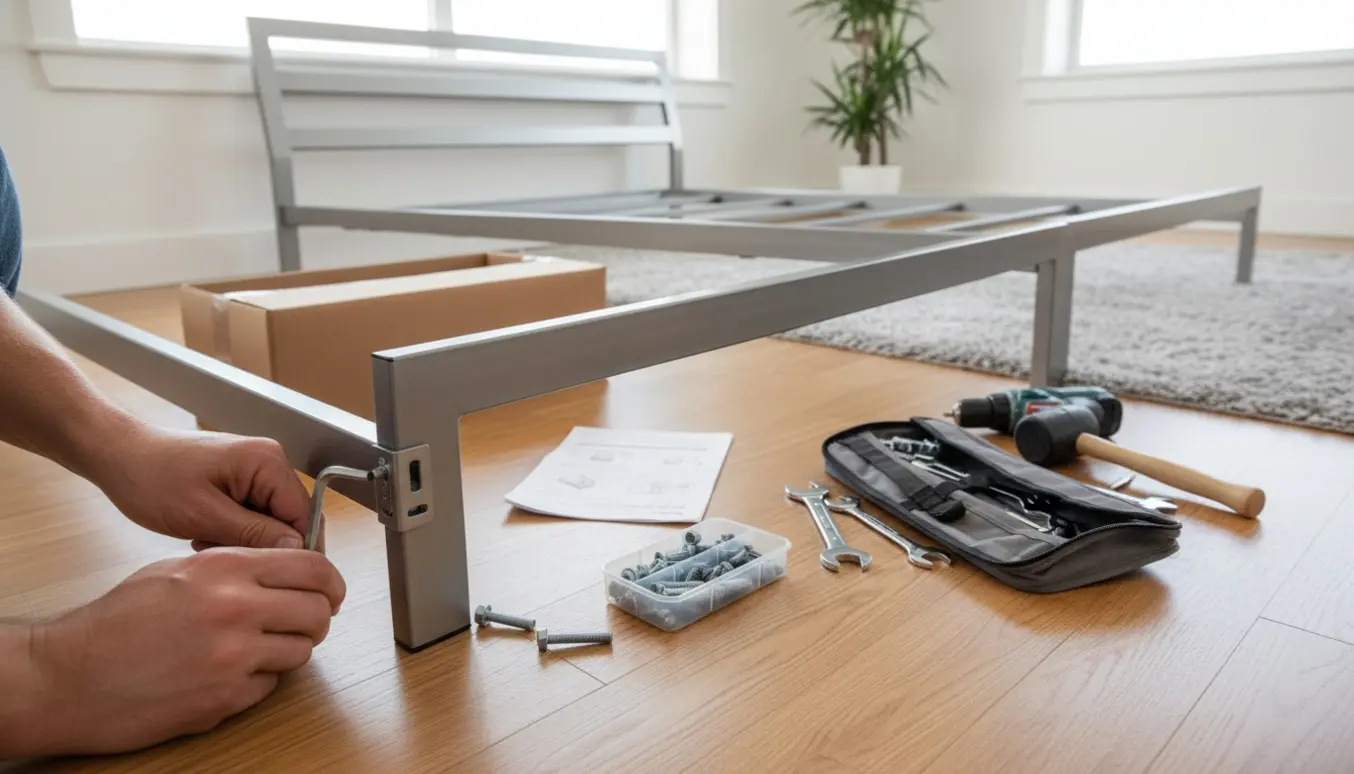 Nærbillede af hænder, der samler en metalseng i et lyst soveværelse med værktøj og dele på gulvet.